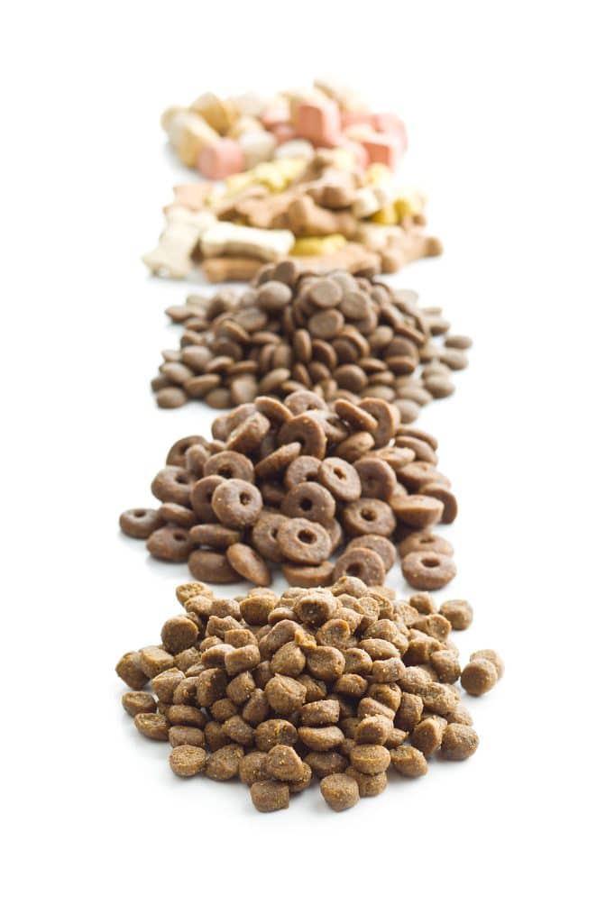 Different dog foods isolated on white background.