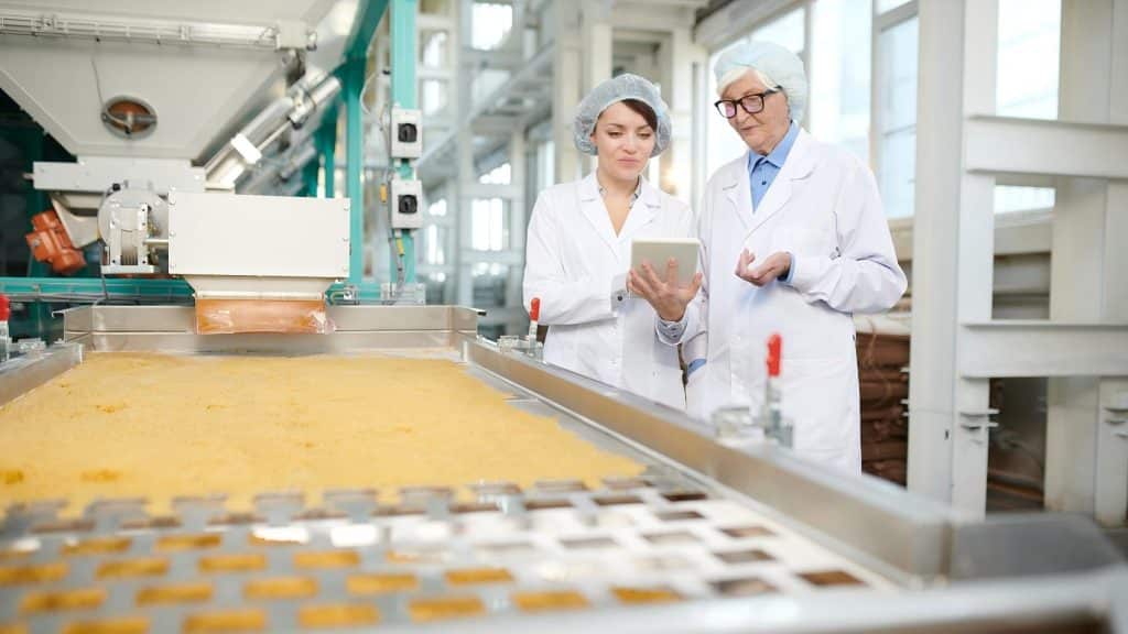 Two workers supervise food production